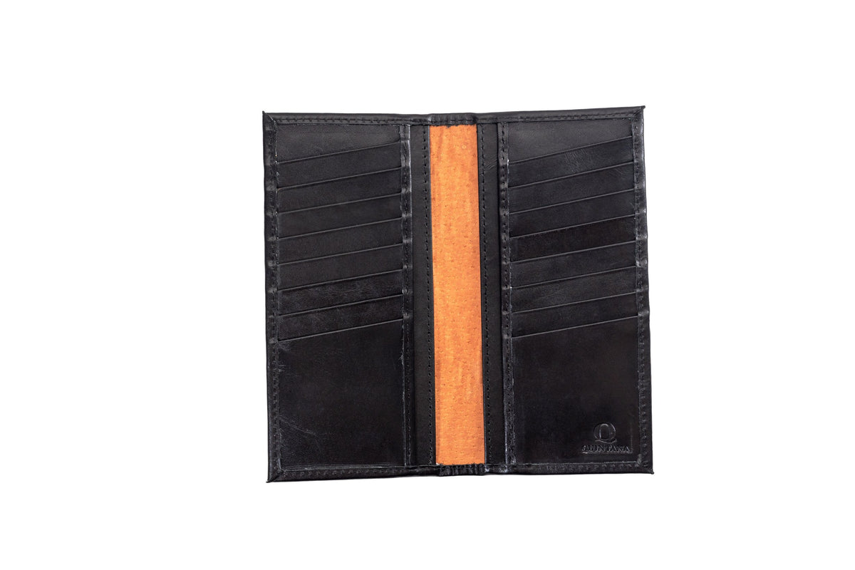 Quintana Leather Checkbook Carrier and Wallet in black, open flat