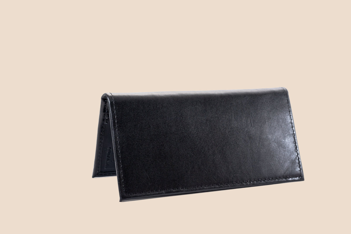 Quintana Leather Checkbook Carrier and Wallet in black, standing view