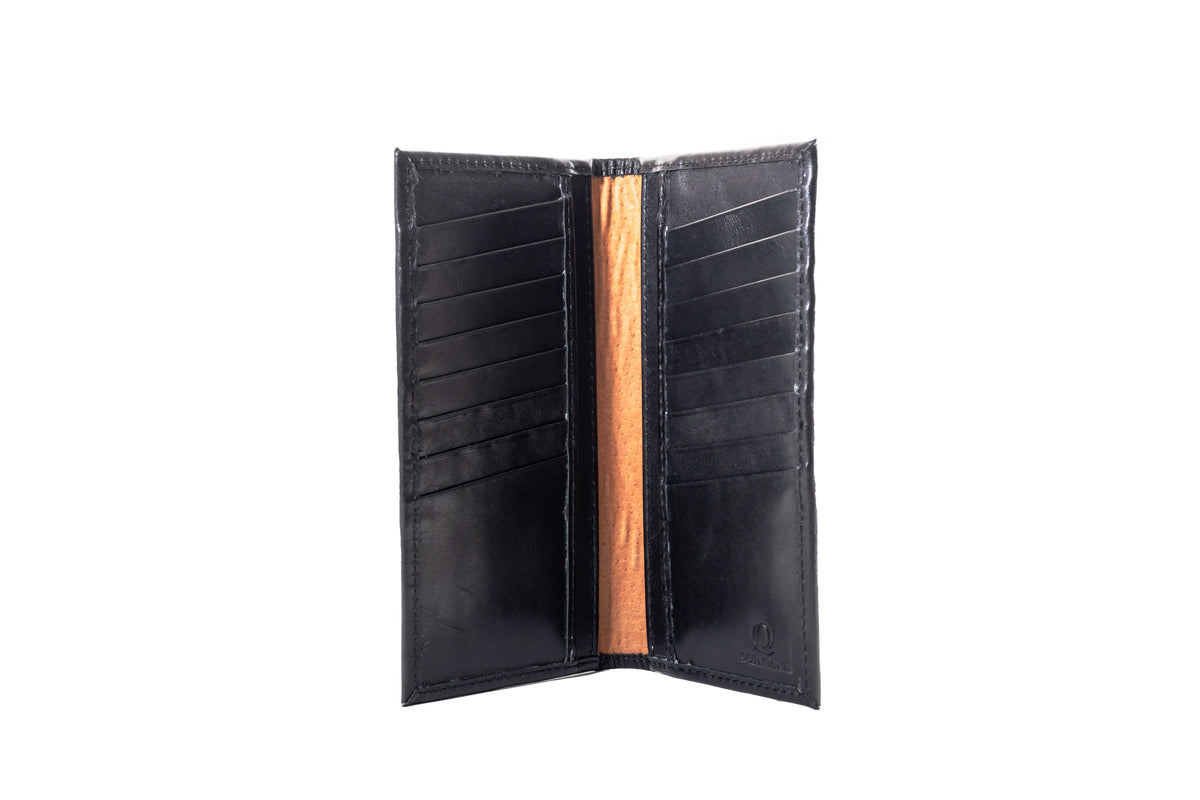 Quintana Leather Checkbook Carrier and Wallet in black, open view with card slots