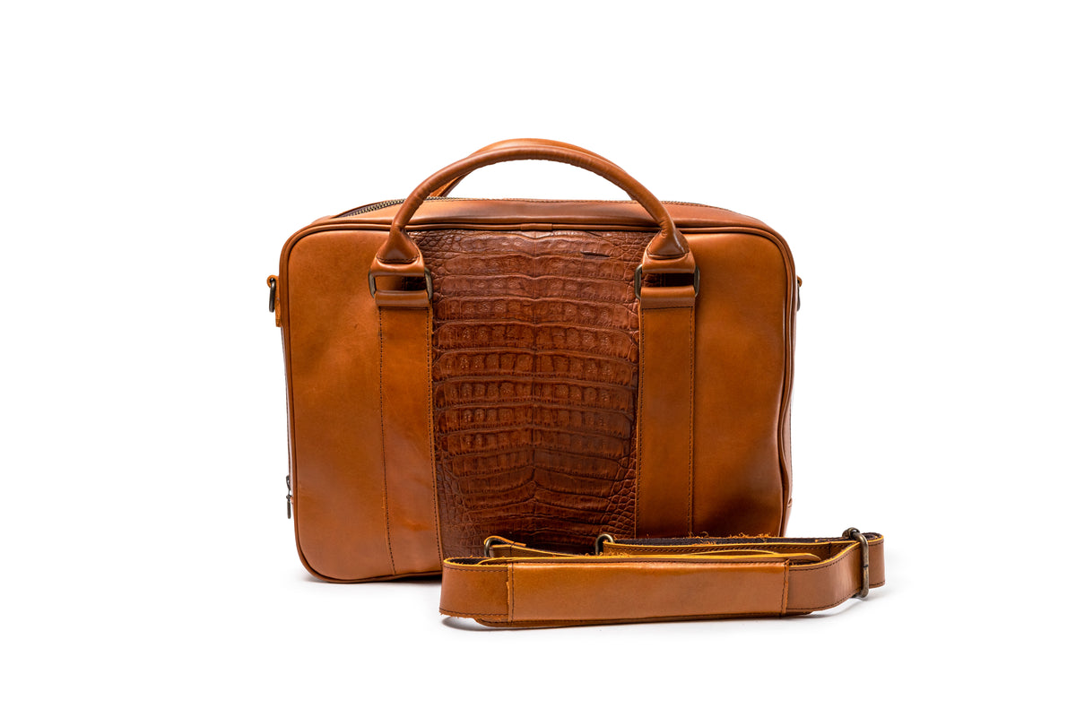 Quintana Alligator-Panel Leather Briefcase, view 2