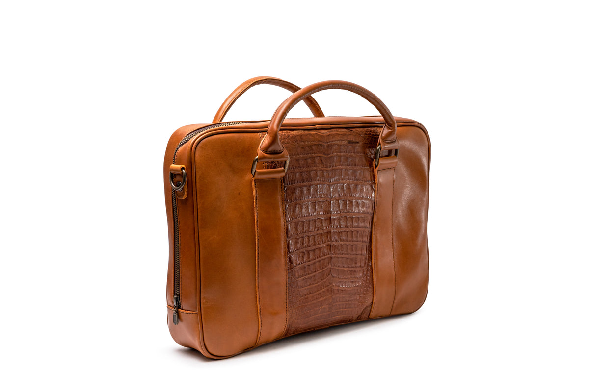 Quintana Alligator-Panel Leather Briefcase, view 1