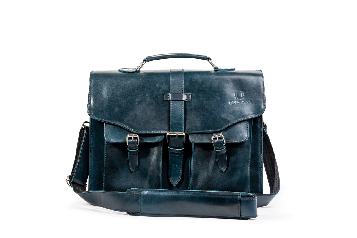 Quintana Executive Leather Briefcase in blue-green, front