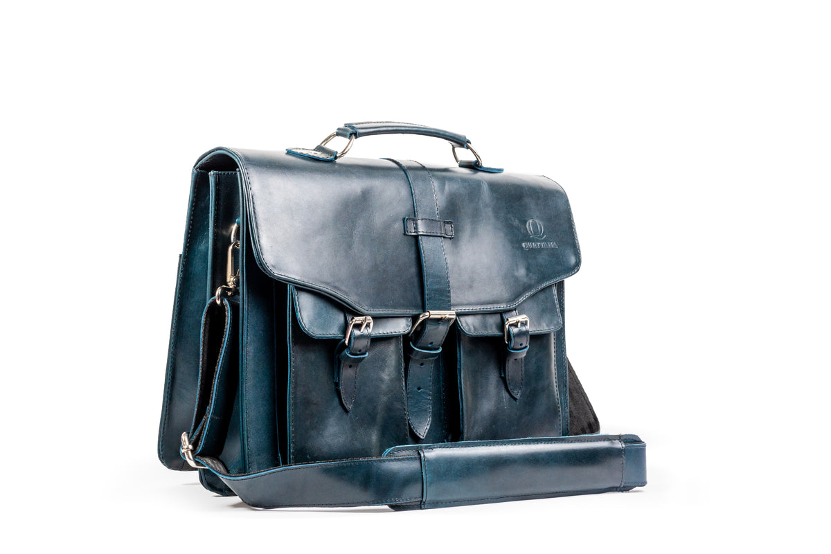 Quintana Executive Leather Briefcase in blue-green, angle