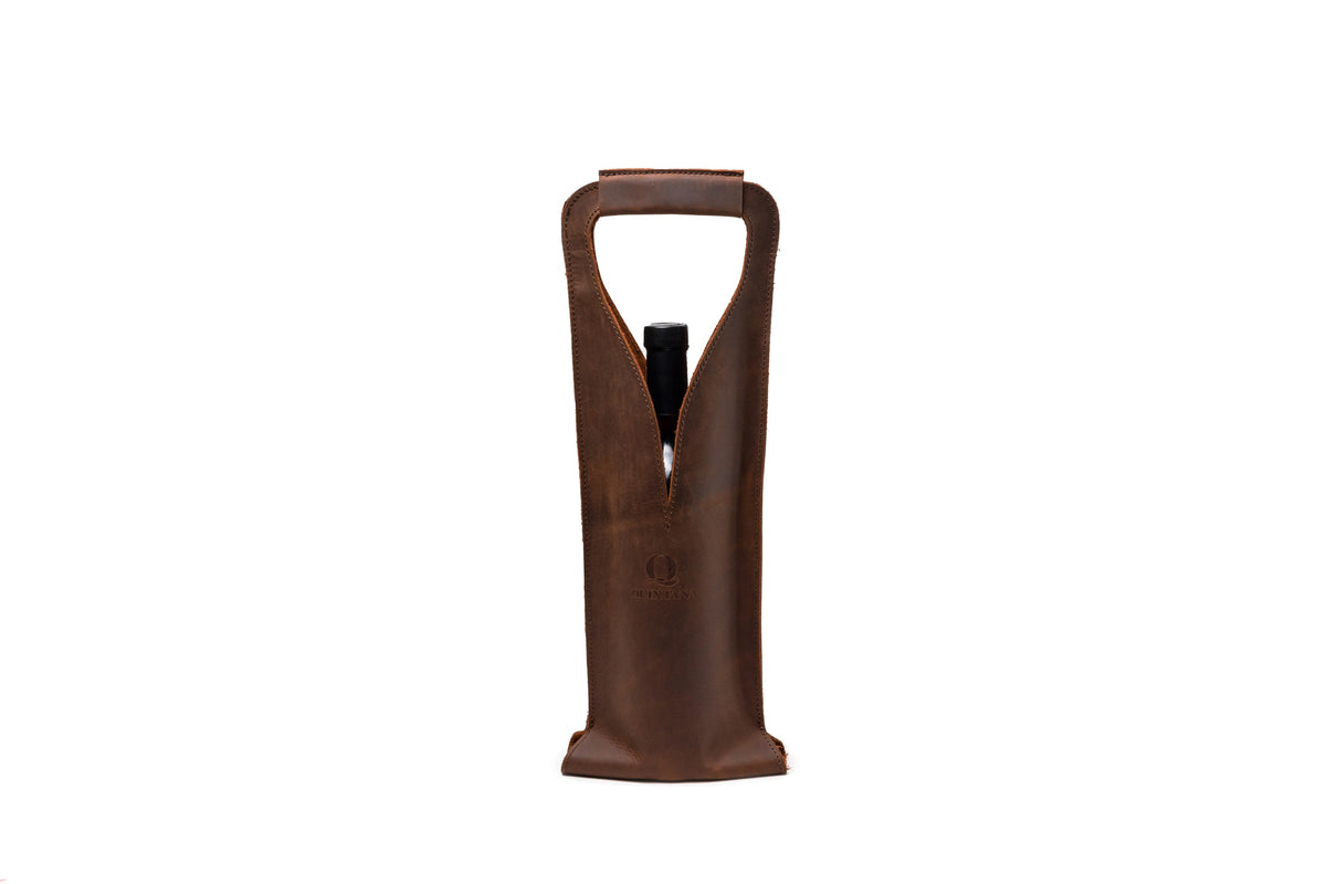 Quintana Leather Wine Bottle Carrier, brown nubuck, open style, front