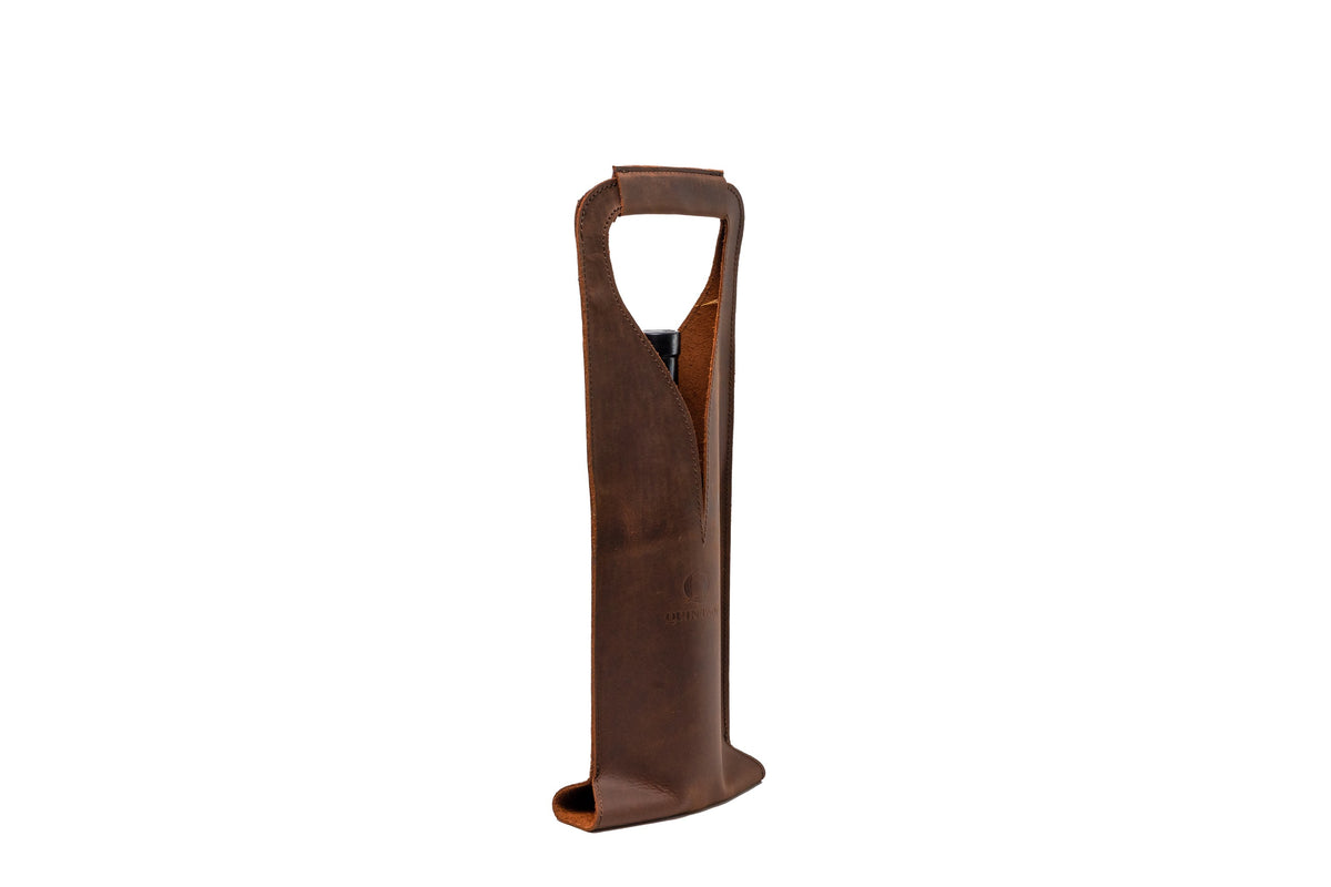 Quintana Leather Wine Bottle Carrier, brown nubuck, open style, side