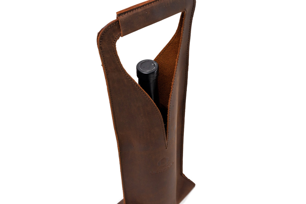 Quintana Leather Wine Bottle Carrier, brown nubuck, open style, close-up