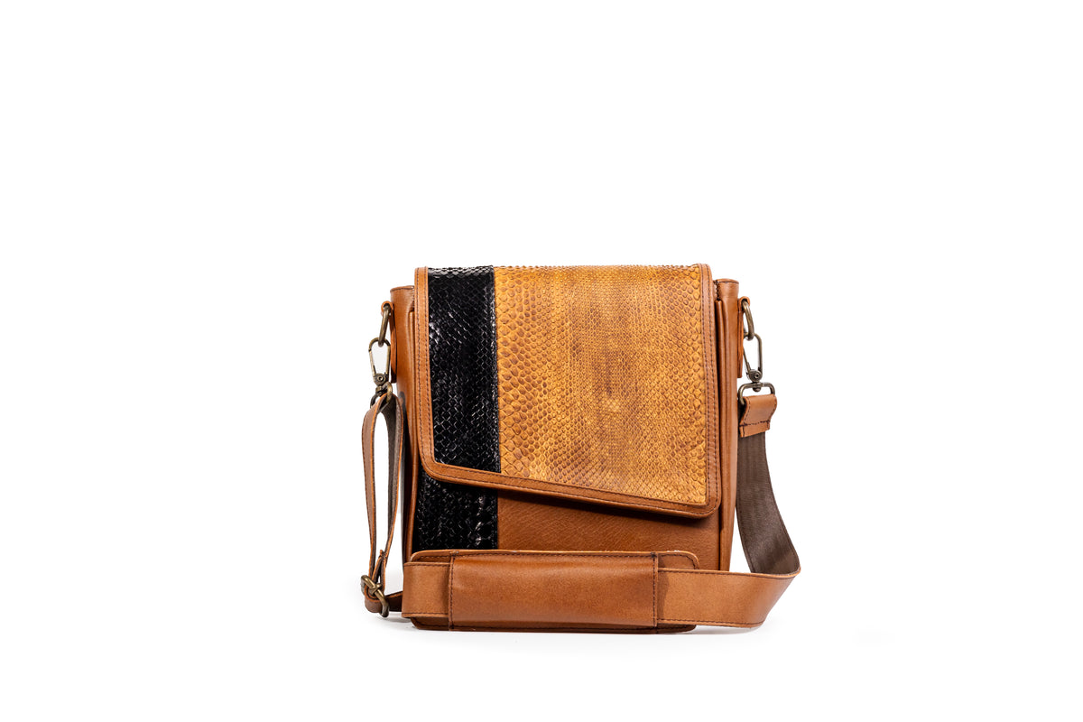 Quintana Python-Accent Leather Messenger Bag, view 2