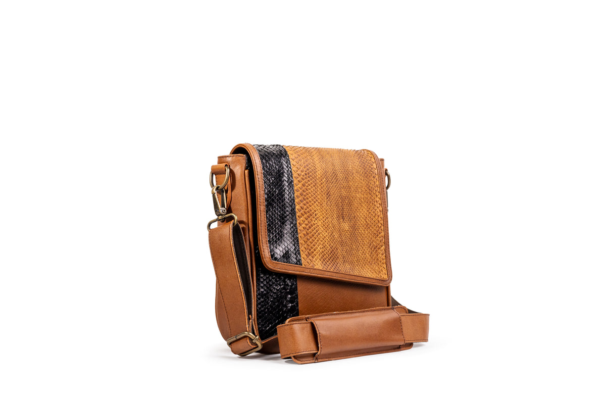 Quintana Python-Accent Leather Messenger Bag, view 1