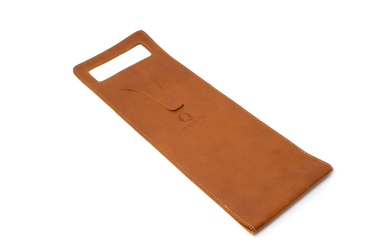 Quintana Leather Wine Bottle Carrier, honey, closed style, laid flat