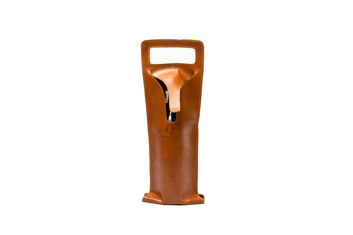 Quintana Leather Wine Bottle Carrier, honey, closed style, front