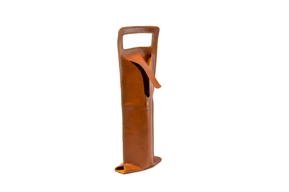 Quintana Leather Wine Bottle Carrier, honey, closed style, side