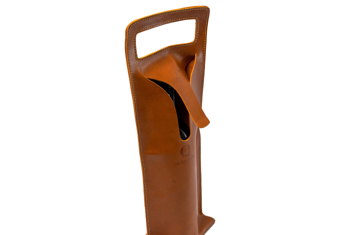 Quintana Leather Wine Bottle Carrier, honey, closed style, close-up
