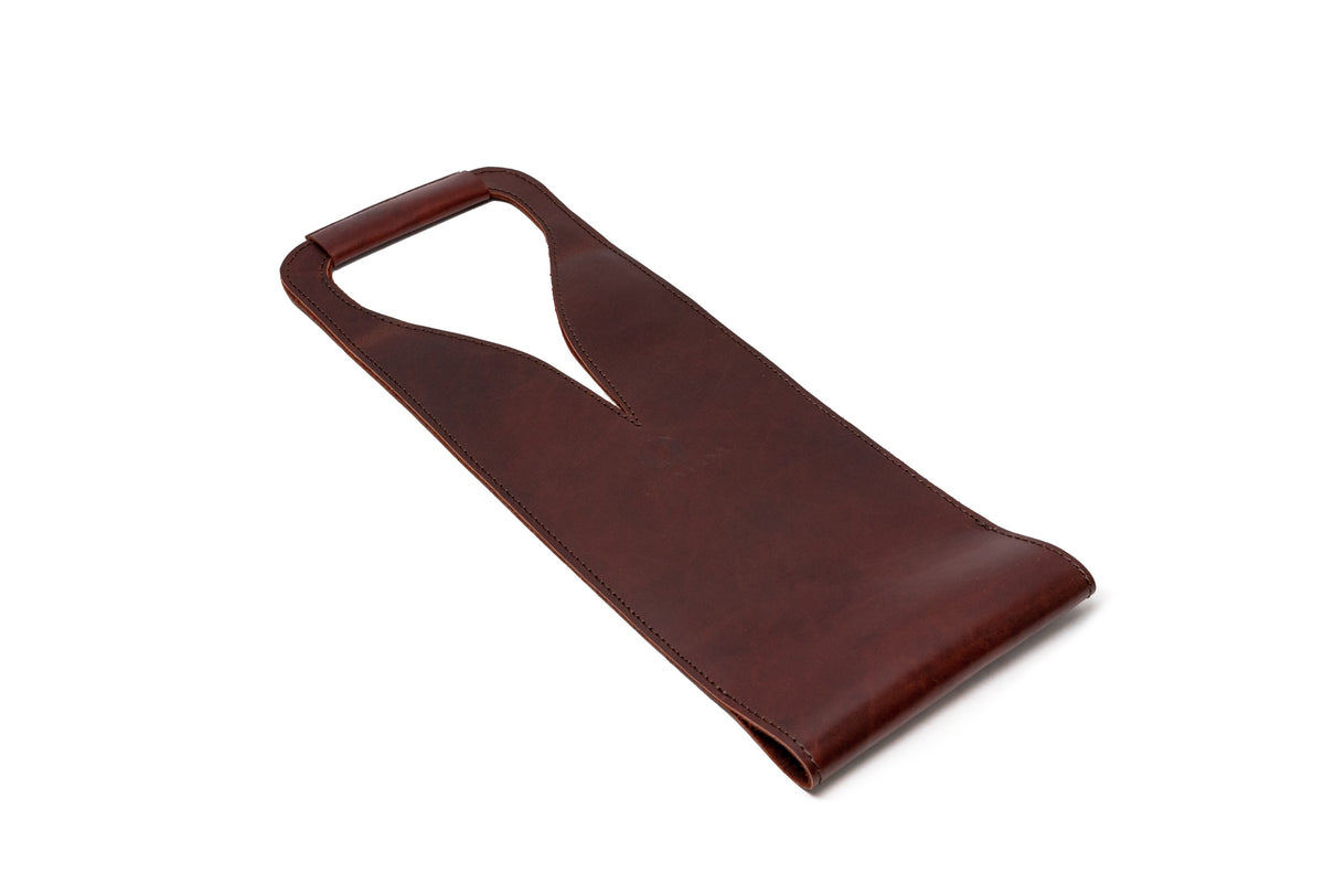 Quintana Leather Wine Bottle Carrier, burgundy, open style, laid flat