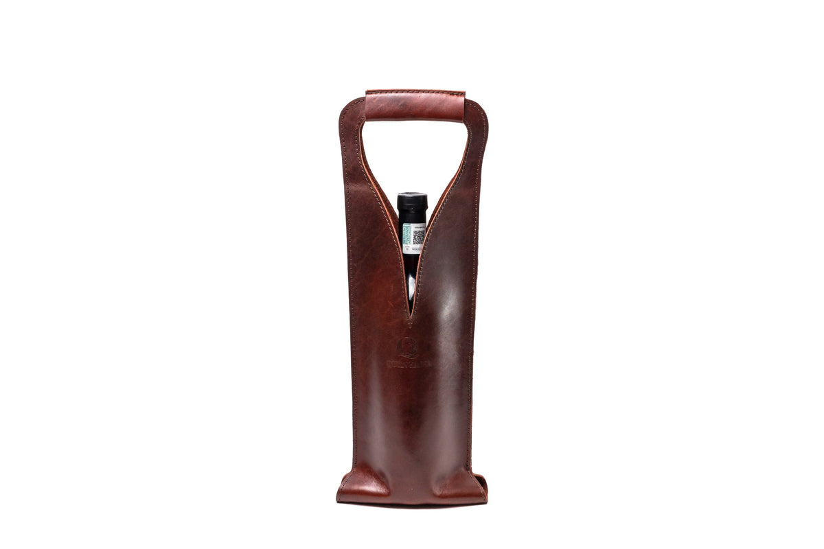 Quintana Leather Wine Bottle Carrier, burgundy, open style, front