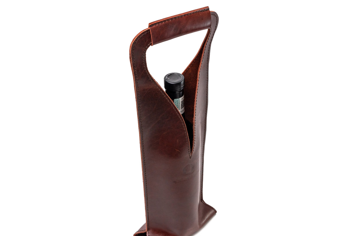 Quintana Leather Wine Bottle Carrier, burgundy, open style, close-up