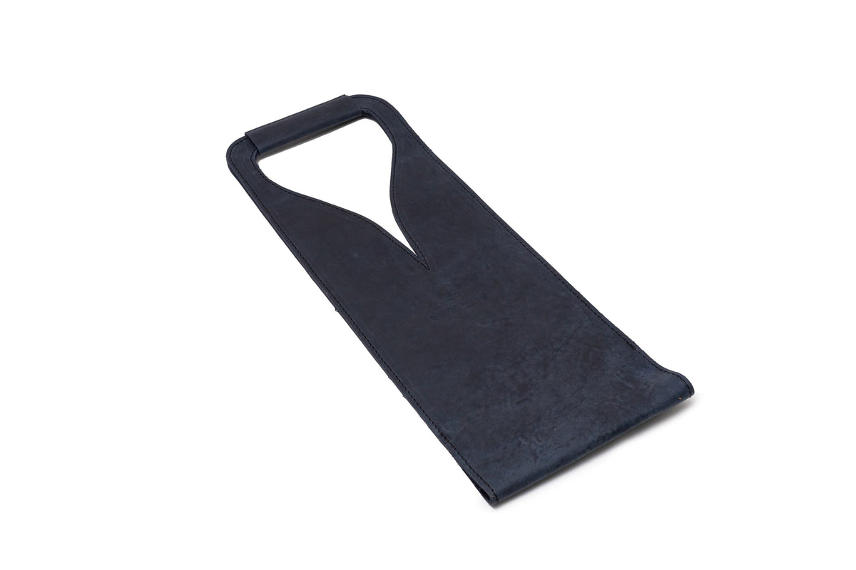 Quintana Leather Wine Bottle Carrier, blue nubuck, open style, laid flat