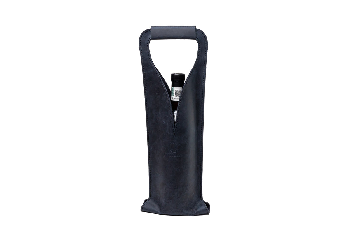 Quintana Leather Wine Bottle Carrier, blue nubuck, open style, front