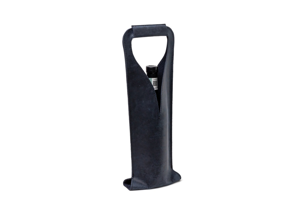 Quintana Leather Wine Bottle Carrier, blue nubuck, open style, side