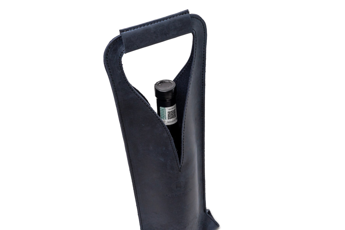 Quintana Leather Wine Bottle Carrier, blue nubuck, open style, close-up