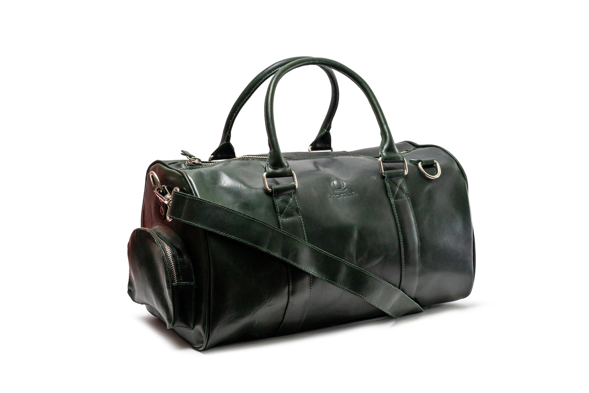 Quintana Vegetable-Tanned Leather Duffel Bag in dark green, front