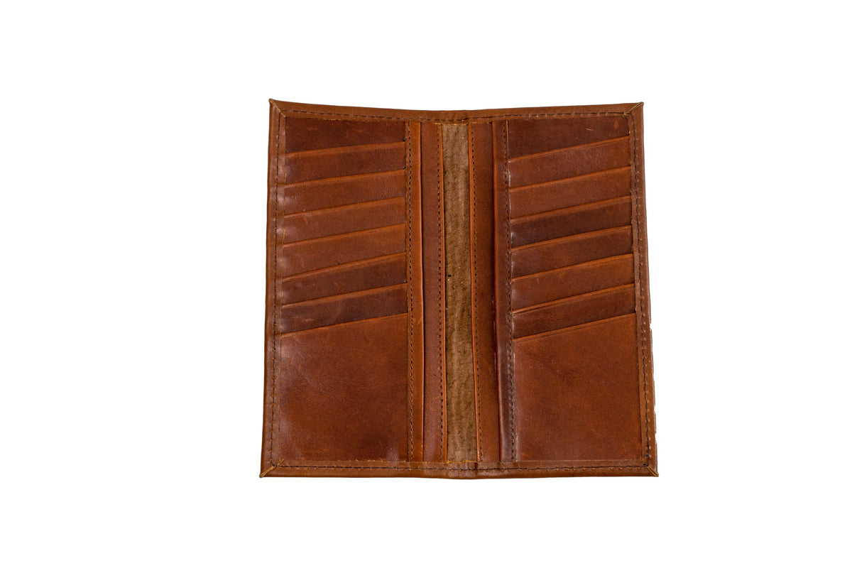 Quintana Leather Checkbook Carrier and Wallet in brown, open view
