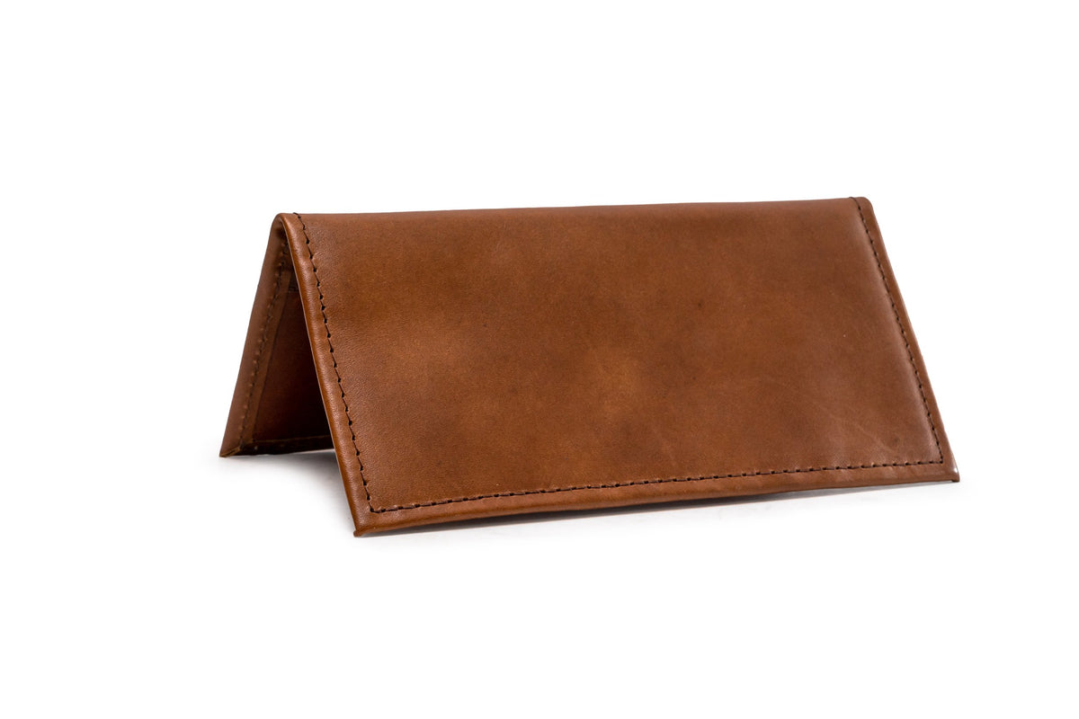 Quintana Leather Checkbook Carrier and Wallet in brown, standing