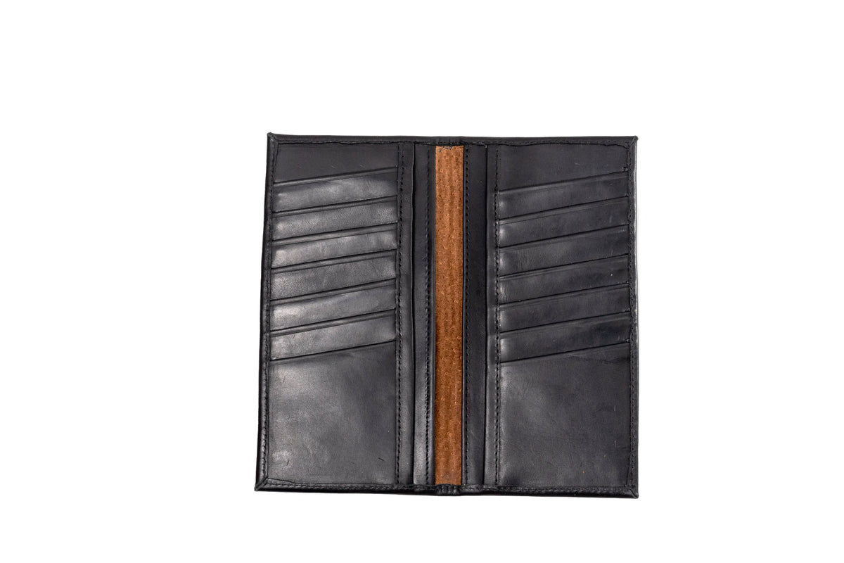 Quintana Leather Checkbook Carrier and Wallet in black, open