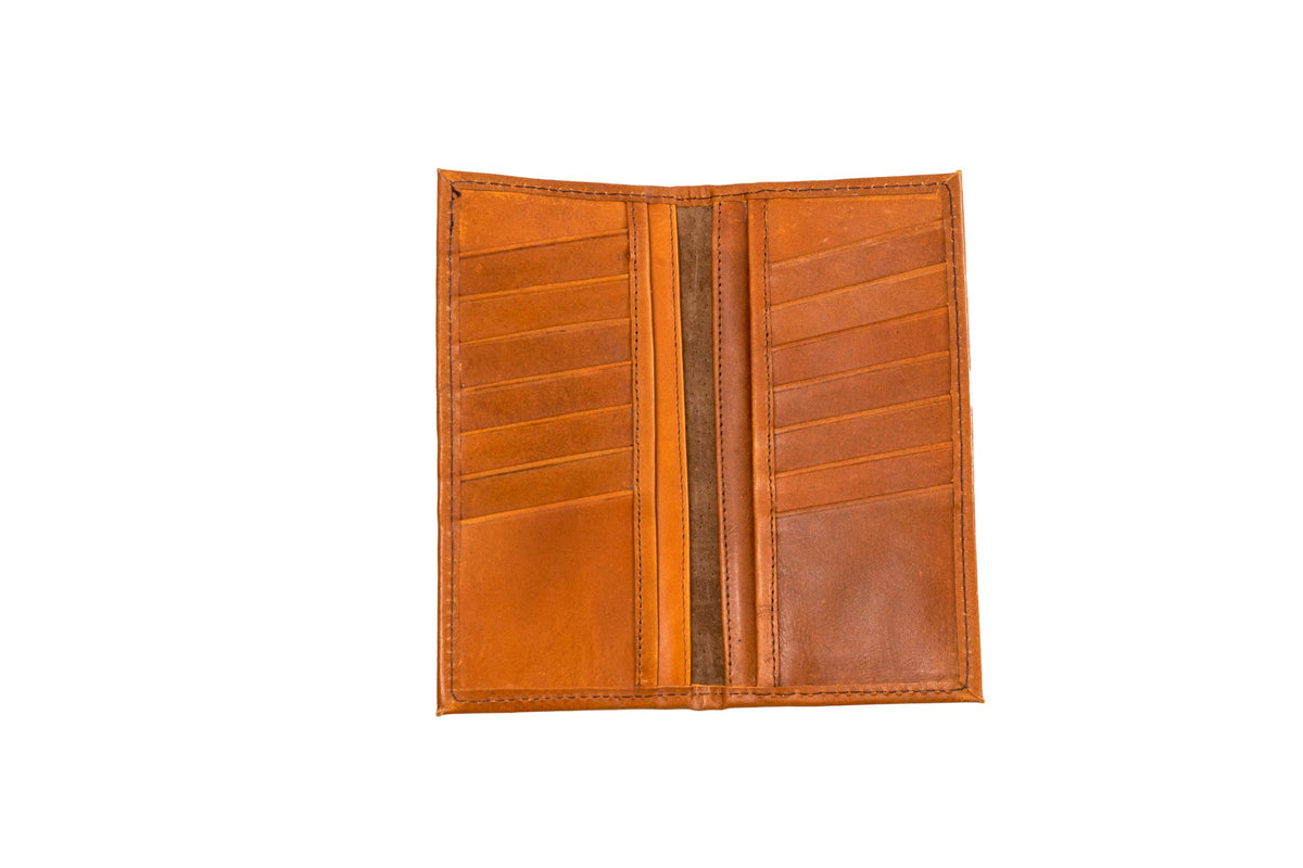 Quintana Leather Checkbook Carrier and Wallet in honey, open view