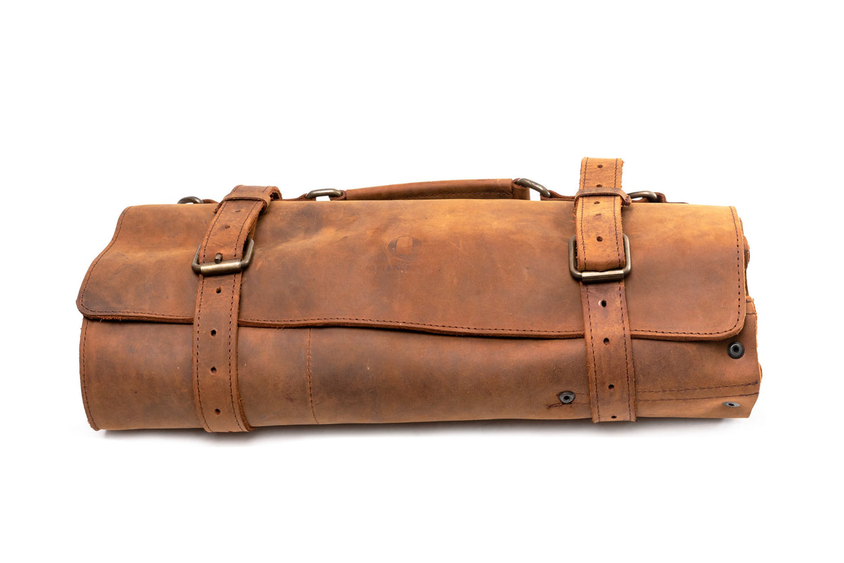 Quintana Leather Knife Roll in crazy brown, rolled