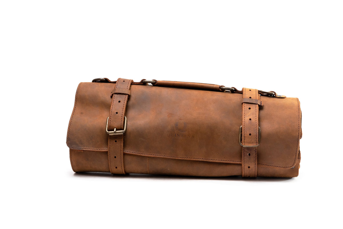 Quintana Leather Knife Roll in crazy brown, rolled side view