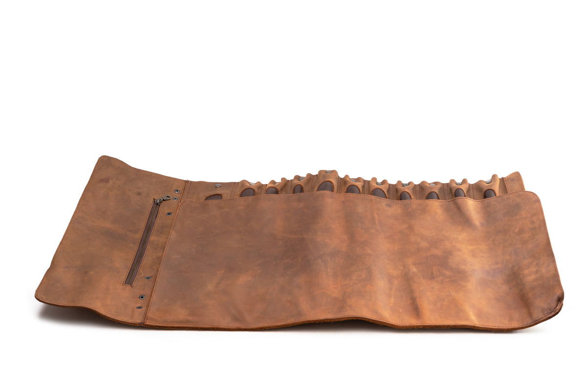 Quintana Leather Knife Roll in crazy brown, open