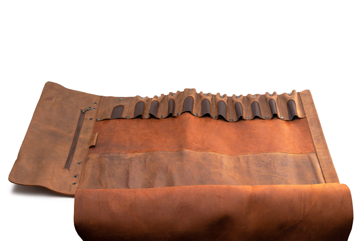 Quintana Leather Knife Roll in crazy brown, open with pockets