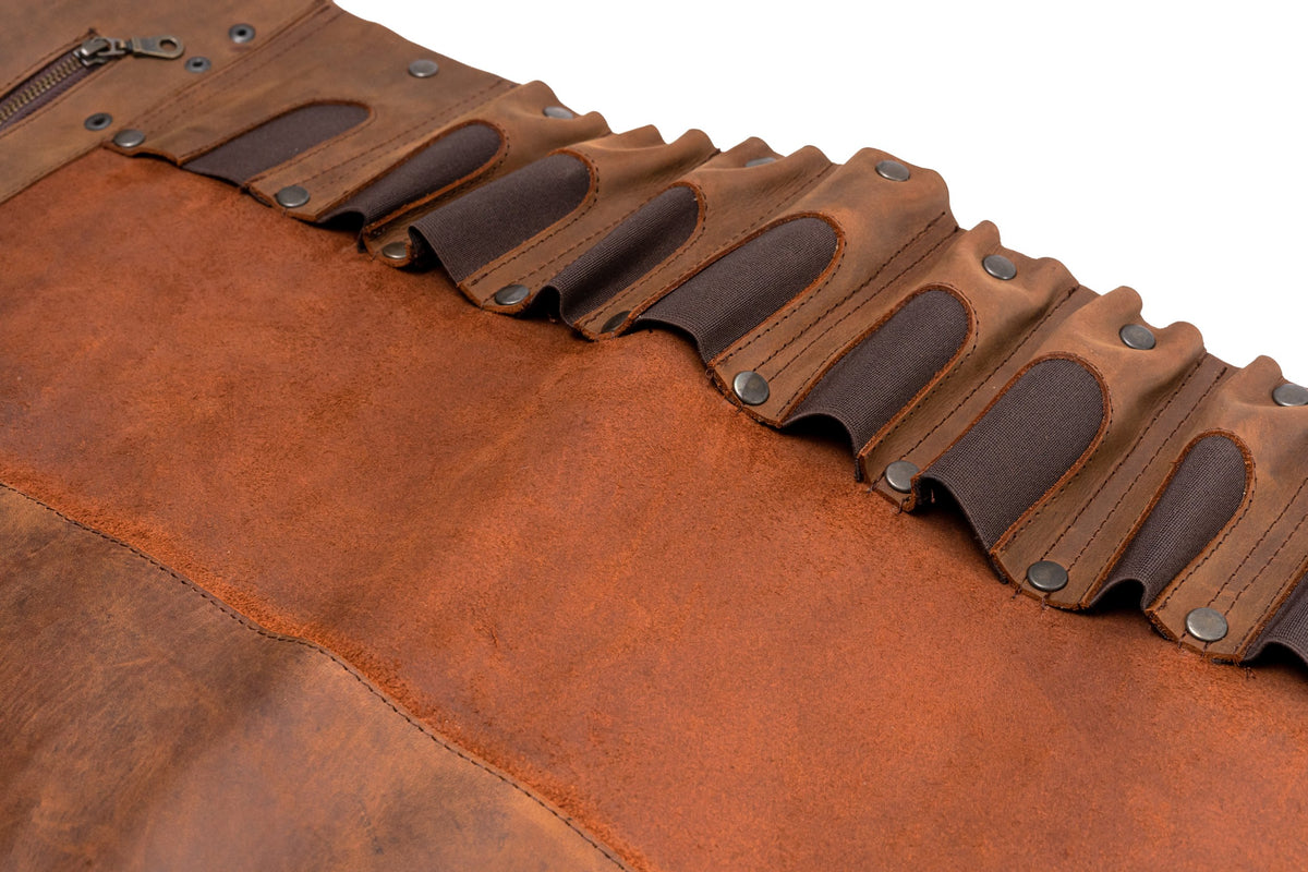 Quintana Leather Knife Roll in crazy brown, knife slots close-up