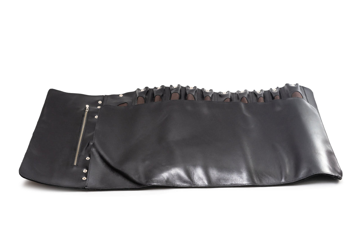 Quintana Leather Knife Roll in pull up black, open