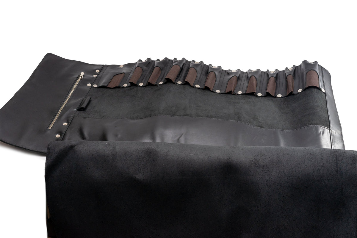 Quintana Leather Knife Roll in pull up black, open with pockets