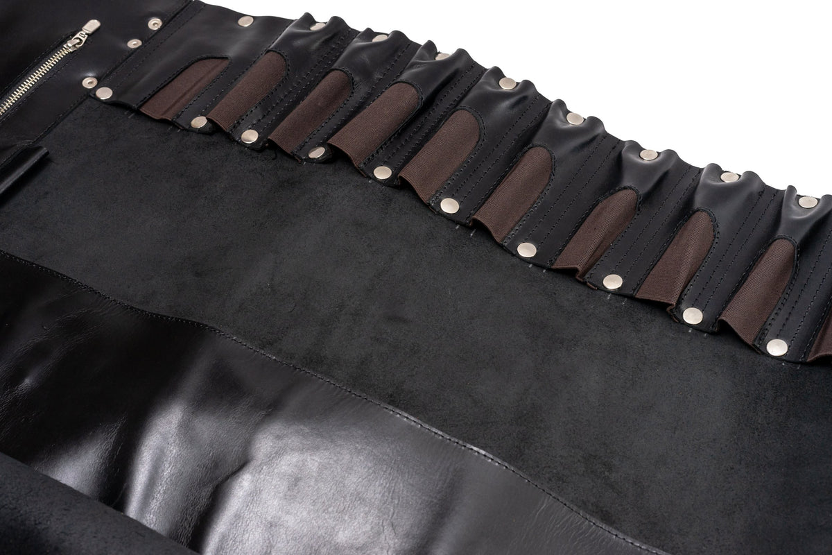 Quintana Leather Knife Roll in pull up black, knife slots close-up