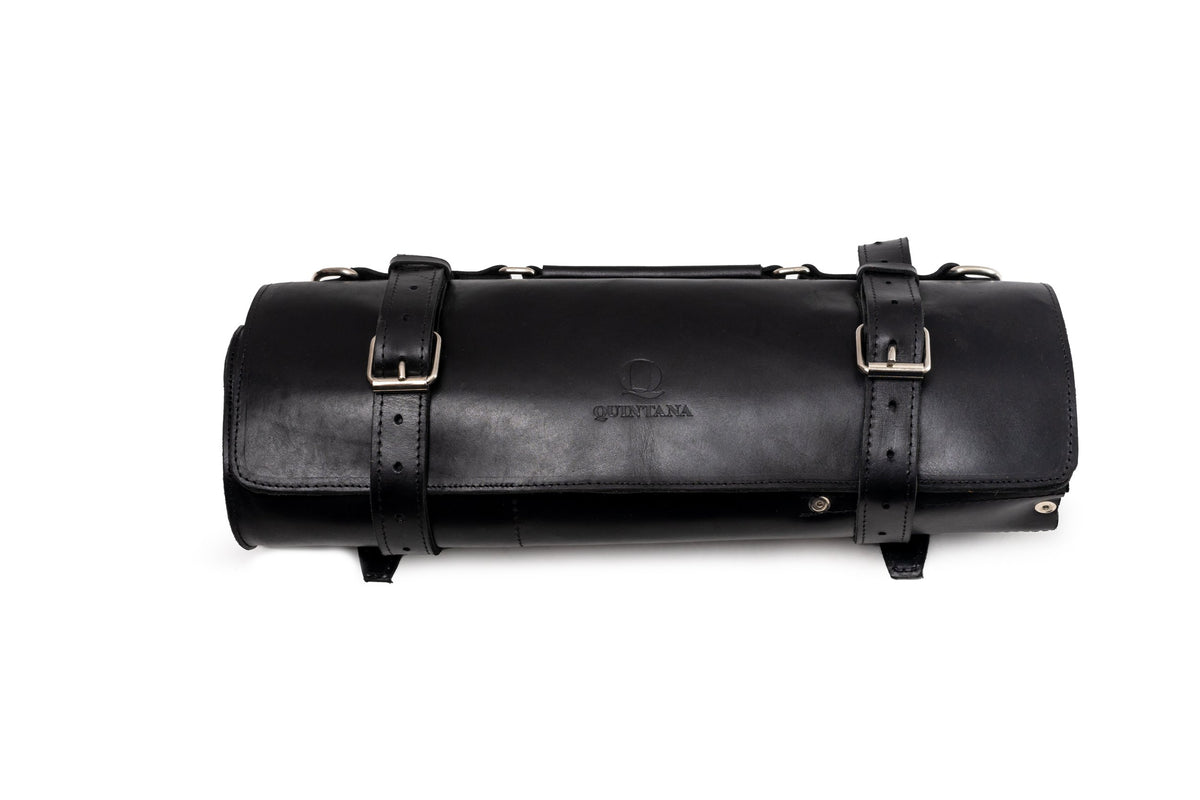 Quintana Leather Knife Roll in pull up black, rolled front