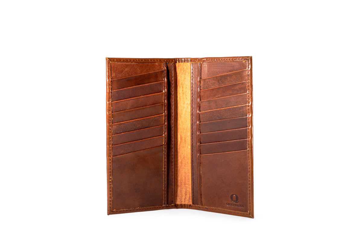Quintana Leather Checkbook Carrier and Wallet in brown, open view
