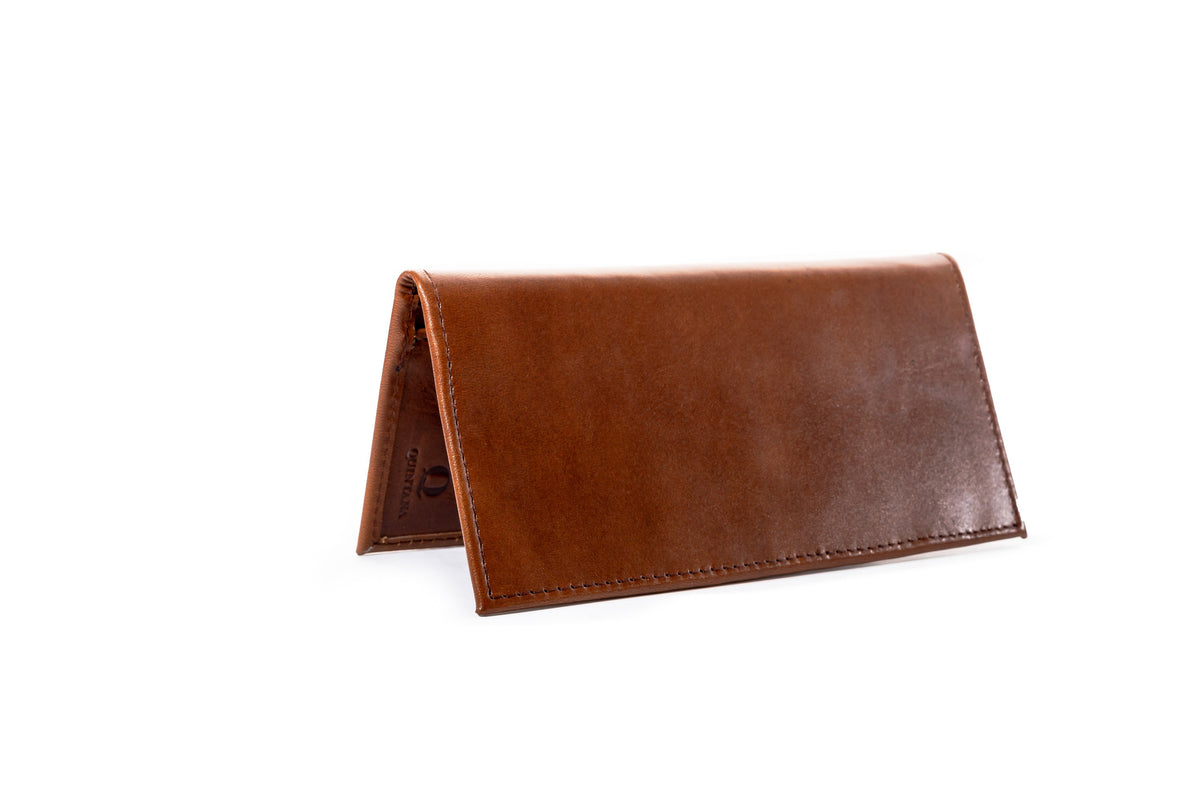 Quintana Leather Checkbook Carrier and Wallet in brown, standing view