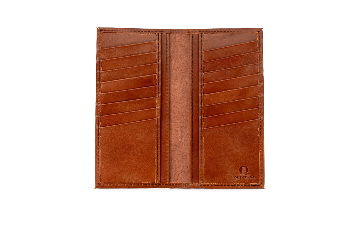 Quintana Leather Checkbook Carrier and Wallet in cognac, open view