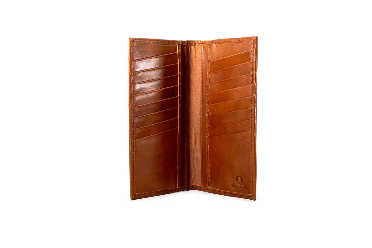 Quintana Leather Checkbook Carrier and Wallet in cognac, card slots